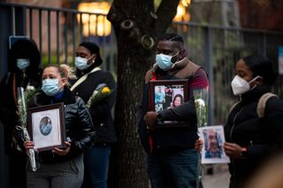 Nurses and healthcare workers gather for a demonstration outside Mount Sinai Hospital in Manhattan on April 10, 2020 to mourn and remember their colleagues who died during the coronavirus pandemic. 