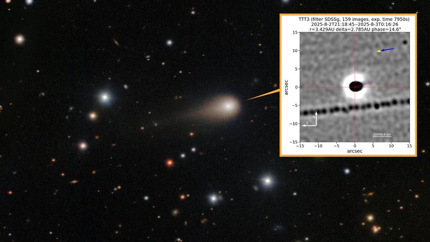 a photo of comet 3I/ATLAS streaking across the night sky with an inset showing details of the comet&#039;s jet
