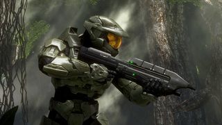 Halo's Master Chief with an assault rifle