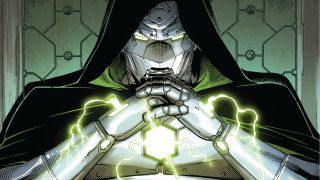 Doctor Doom clasps his hands together while wearing his iconic supervillain suit in a Marvel comic panel