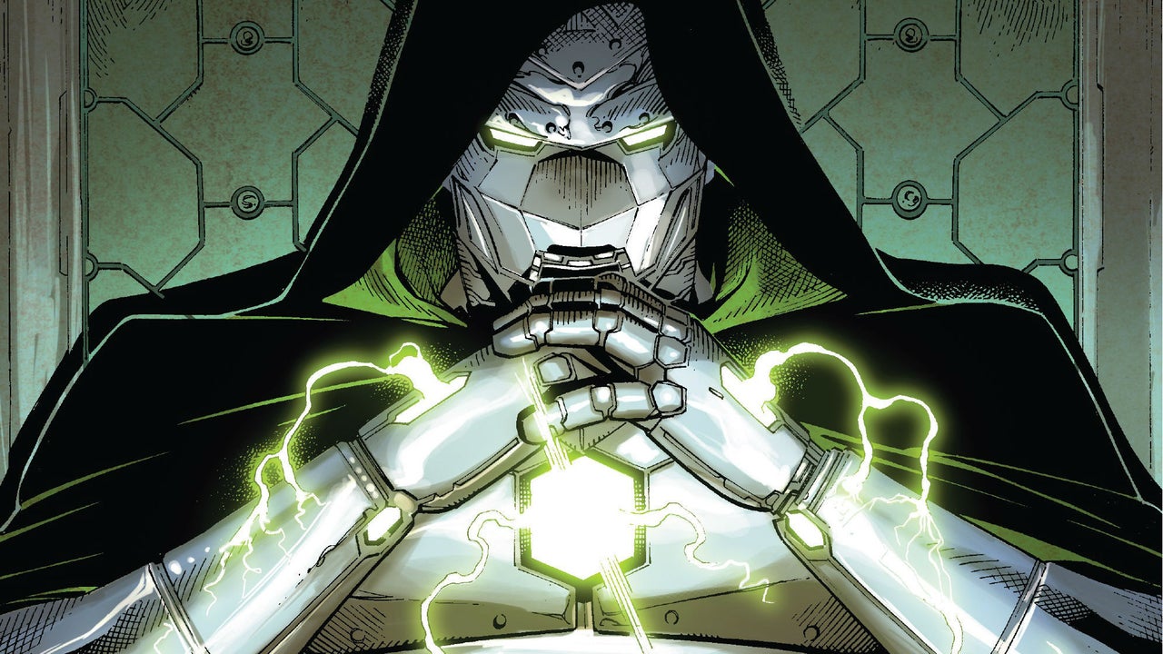 Doctor Doom clasps his hands together while wearing his iconic supervillain suit in a Marvel comic panel