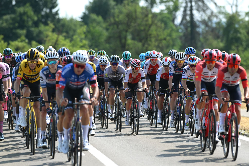 WEINFELDEN SWITZERLAND JUNE 17 LR Rmy Rochas of France and Team Cofidis and Kasper Asgreen of Denmark and Team Soudal QuickStep compete during the 86th Tour de Suisse 2023 Stage 7 a 1835km stage from Tbach to Weinfelden UCIWT on June 17 2023 in Weinfelden Switzerland Photo by Dario BelingheriGetty Images