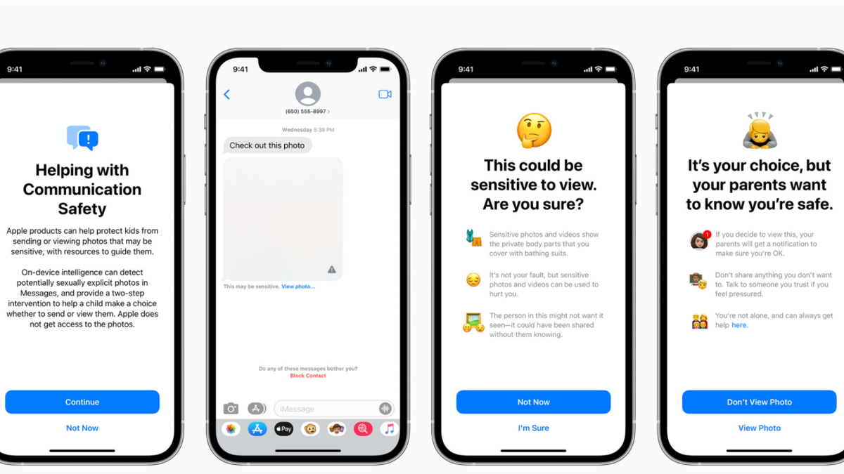 Screenshots of child safety messages on Apple devices