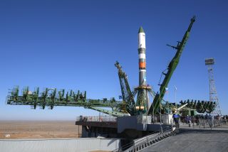 A Russian Soyuz rocket carrying the Progress 72 (72P) cargo ship stands ready to launch 3 tons of supplies from Baikonur Cosmodrome, Kazakhstan to the International Space Station on April 4, 2019.