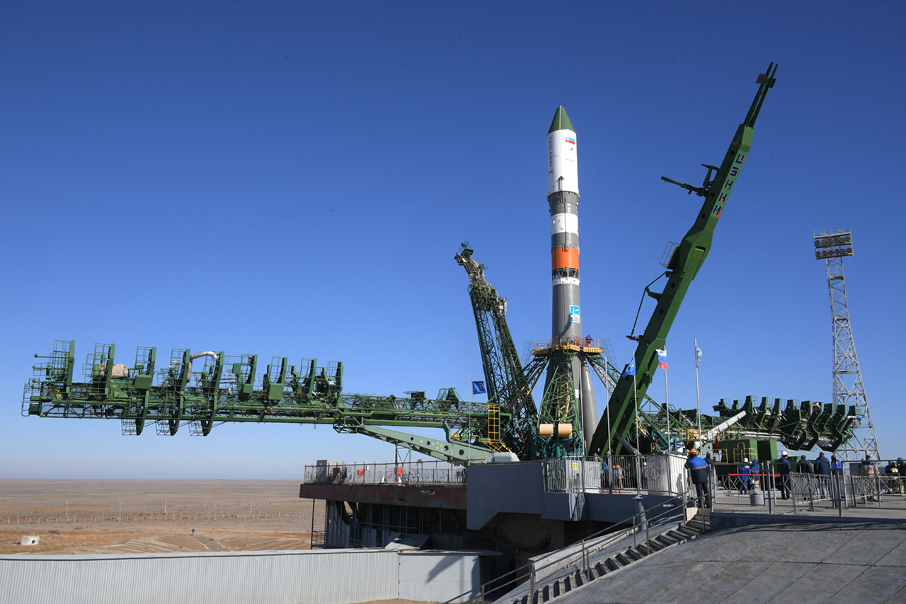 A Russian Soyuz rocket carrying the Progress 72 (72P) cargo ship stands ready to launch 3 tons of supplies from Baikonur Cosmodrome, Kazakhstan to the International Space Station on April 4, 2019.