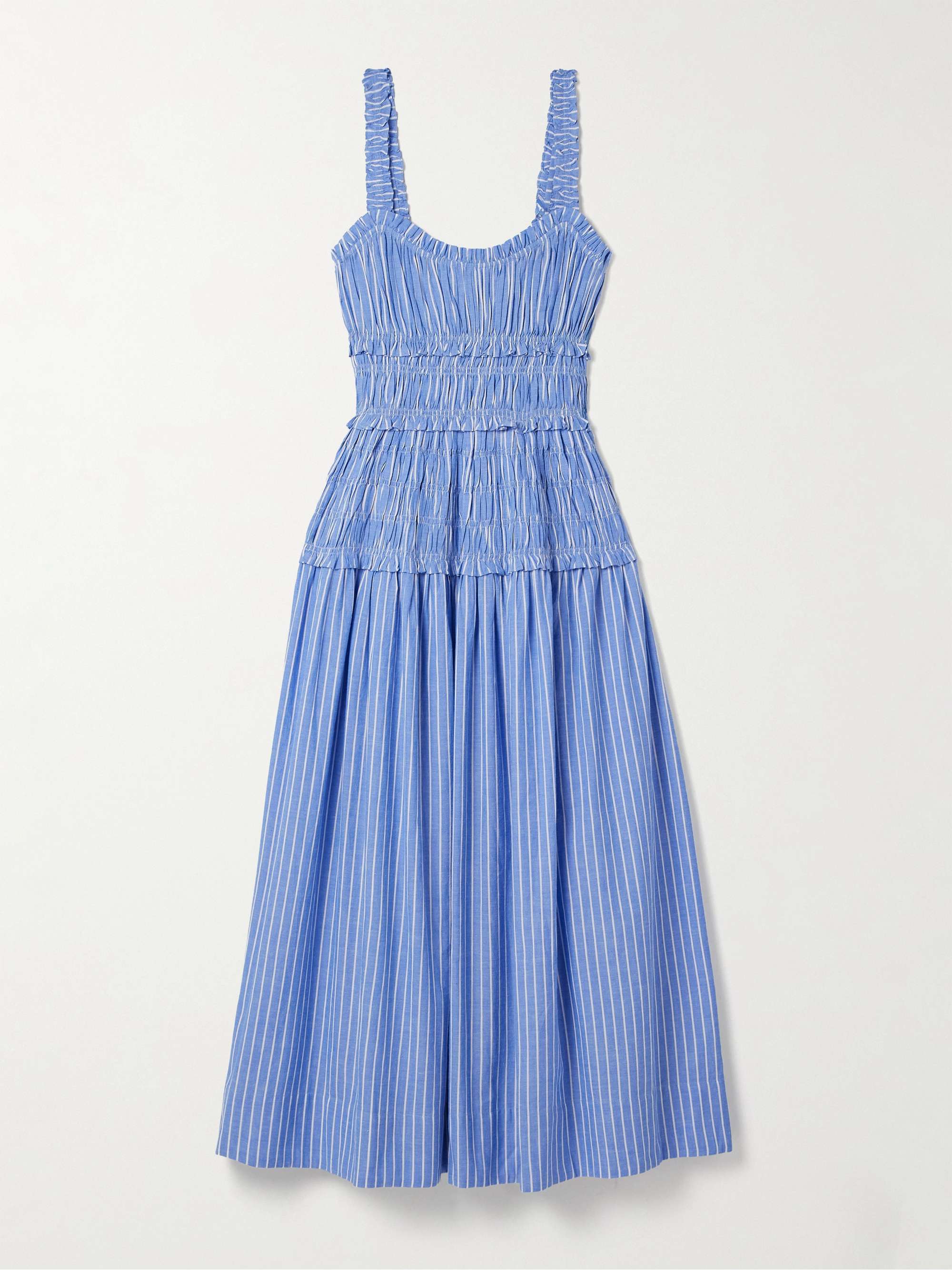 Marianne Shirred Striped Cotton-Poplin Midi Dress