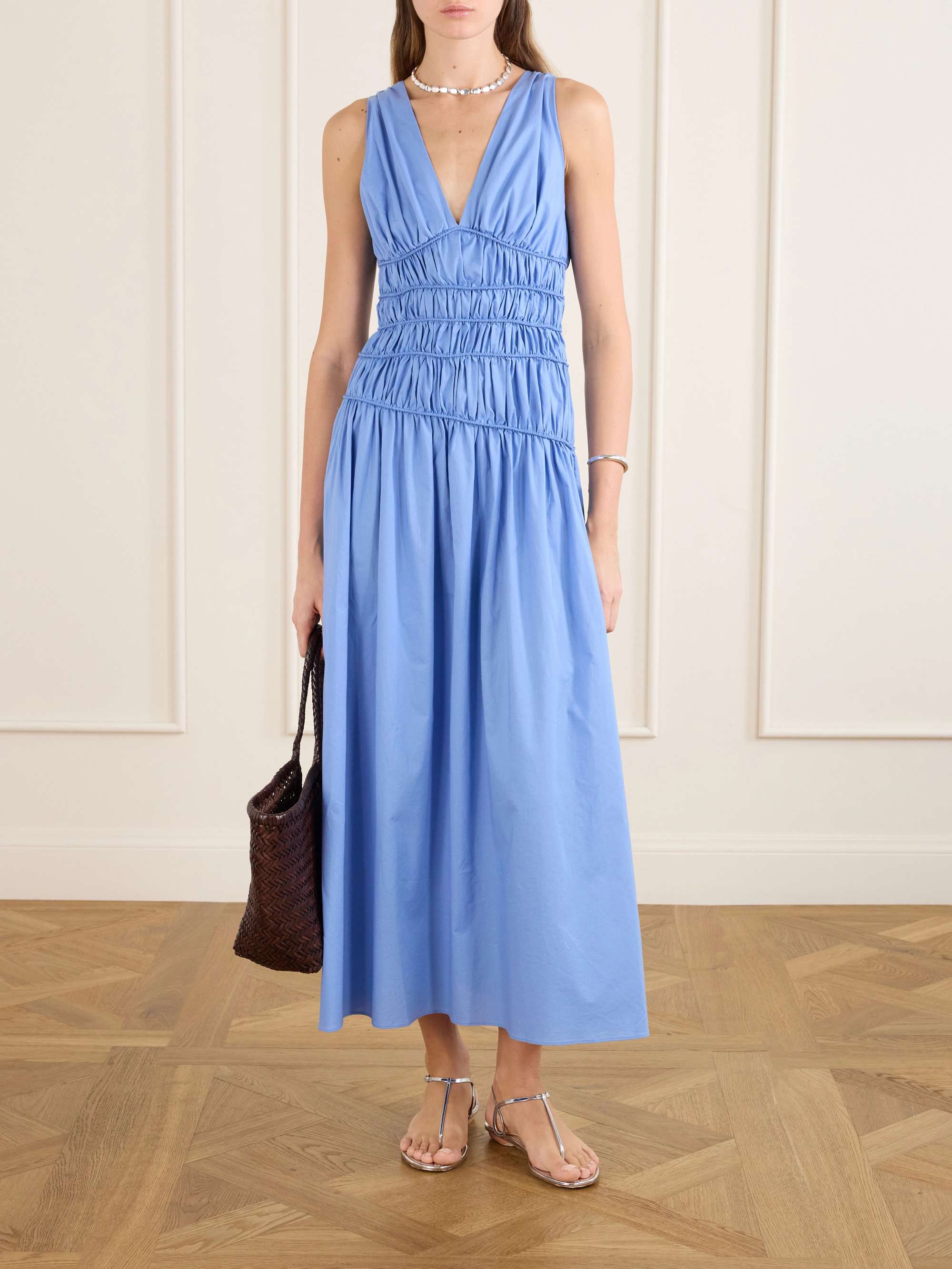 Saja Tie-Detailed Ruched Cotton Maxi Dress