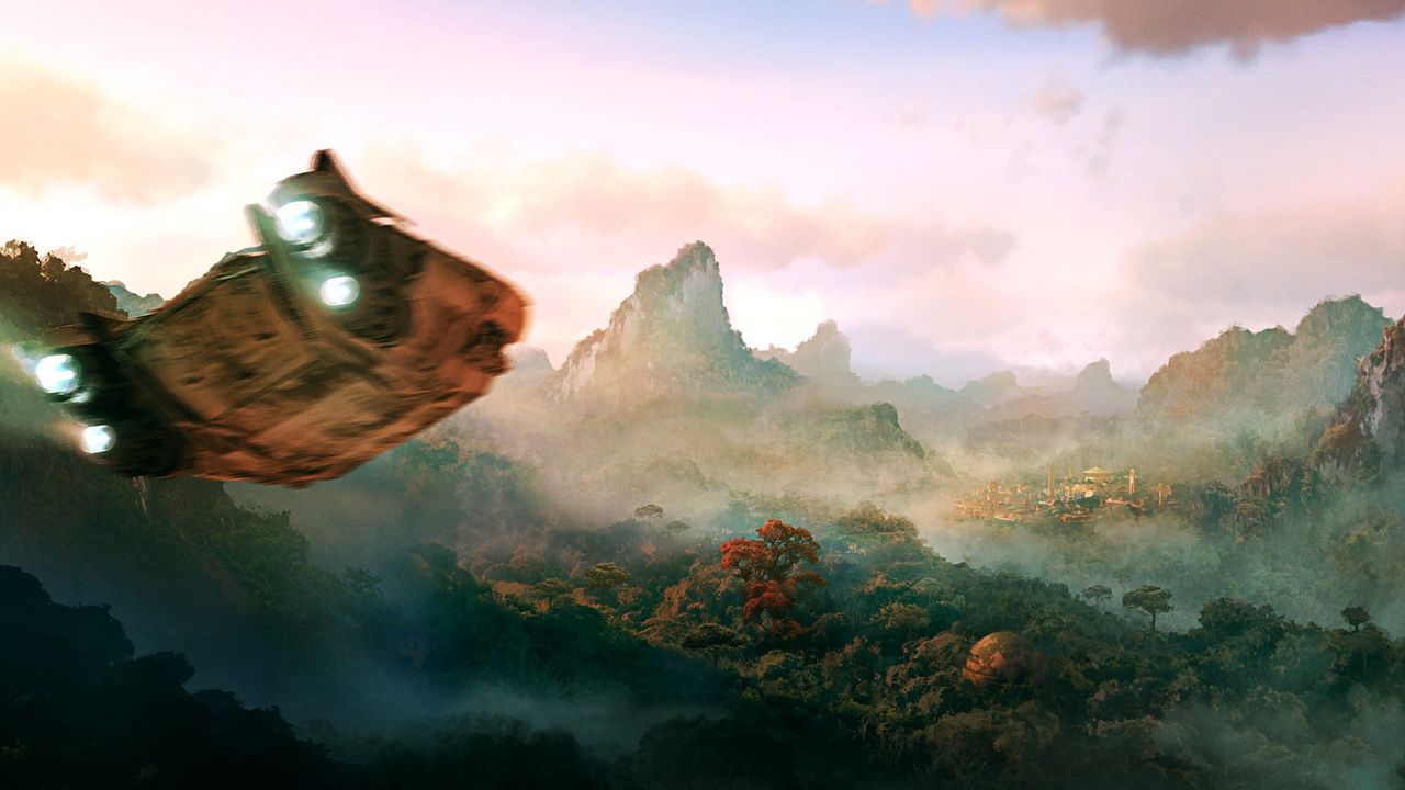 Star Wars Outlaws: The Trailblazer ship flies towards a distant city on the planet of Akiva
