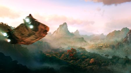 Star Wars Outlaws: The Trailblazer ship flies towards a distant city on the planet of Akiva