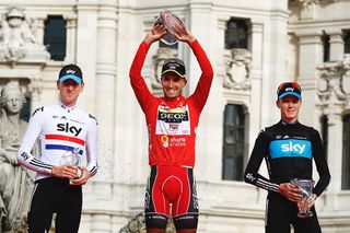 Juan Jose Cobo with Brad Wiggins and Chris Froome on the 2011 Vuelta a Espana podium