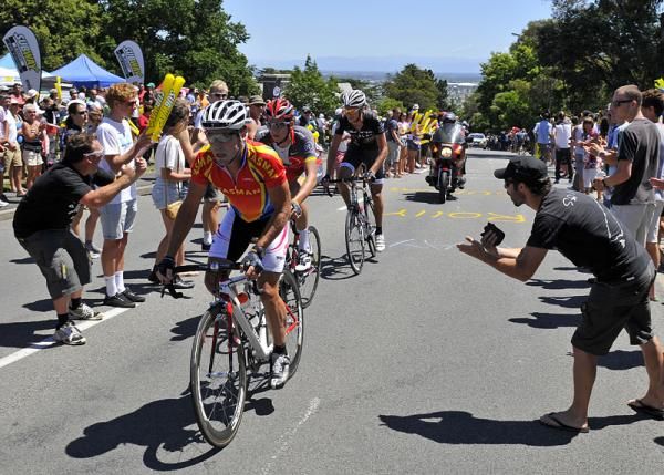 Robin Reid of Tasman gets plenty of support as he leads the front group.
