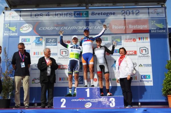 Judith Arndt (Orica - AIS presented by GreenEdge), Marianne Vos (Rabo Women), Evelyn Stevens (Specialized - lululemon) on the World Cup podium