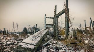 In the foreground, overgrown ruins of buildings, covered in a dusting of snow under a grey sky.