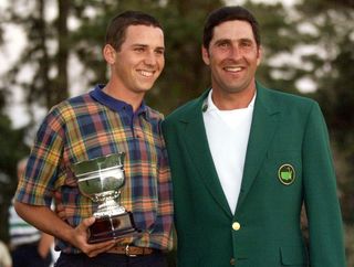 Sergio Garcia and Jose Maria Olazabal after winning the Masters and low amateur cup at Augusta in 1999