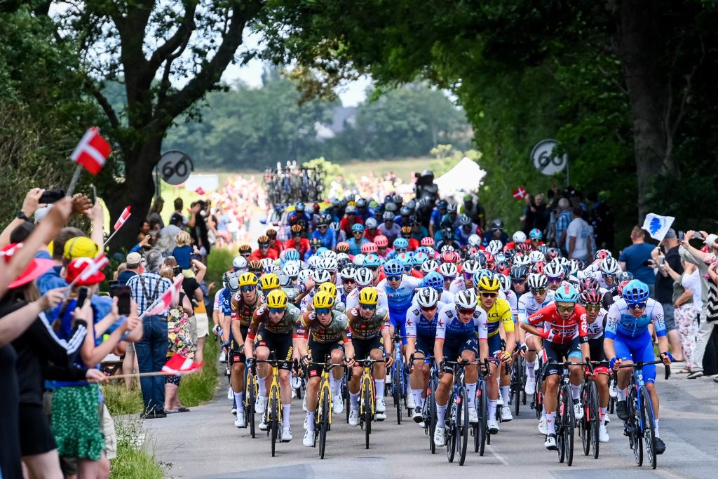 Illustration picture shows the pack of riders in action during the second stage of the Tour de France cycling race a 2022 km race between Roskilde and Nyborg Denmark Saturday 02 July 2022 This years Tour de France takes place from 01 to 24 July 2022 and starts with three stages in Denmark BELGA PHOTO DAVID STOCKMAN Photo by DAVID STOCKMAN BELGA MAG Belga via AFP Photo by DAVID STOCKMANBELGA MAGAFP via Getty Images