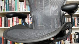 A close up of the seat of the Herman Miller Aeron office chair.