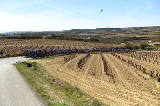 LABASTIDA SPAIN APRIL 03 A general view of the peloton passing through a vineyards landscape during the 2nd Itzulia Basque Country Stage 1 a 1654km stage from VitoriaGasteiz to Labastida 527m Itzulia2023 on April 03 2023 in Labastida Spain Photo by David RamosGetty Images