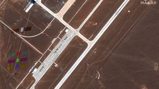 A Starlink satellite captured flying over the secretive Dingxin Airbase in China on Aug. 21, 2025 by one of the WorldView Legion Earth-observation satellites operated by U.S. company Maxar Technologies.