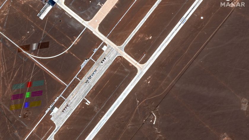 A Starlink satellite captured flying over the secretive Dingxin Airbase in China on Aug. 21, 2025 by one of the WorldView Legion Earth-observation satellites operated by U.S. company Maxar Technologies.