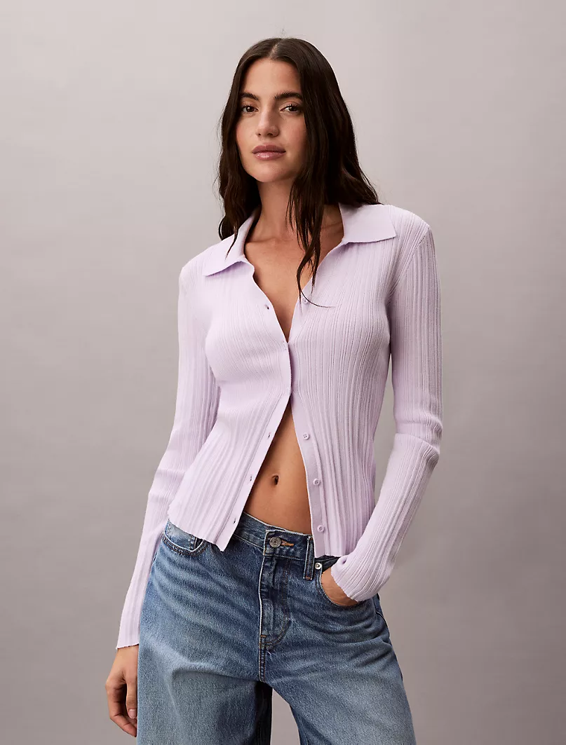 Smooth Cotton Rib Polo Cardigan