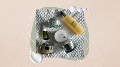 Image of the best Elemis products laid out on bed, on a beige background with sage green circle and cream swatches