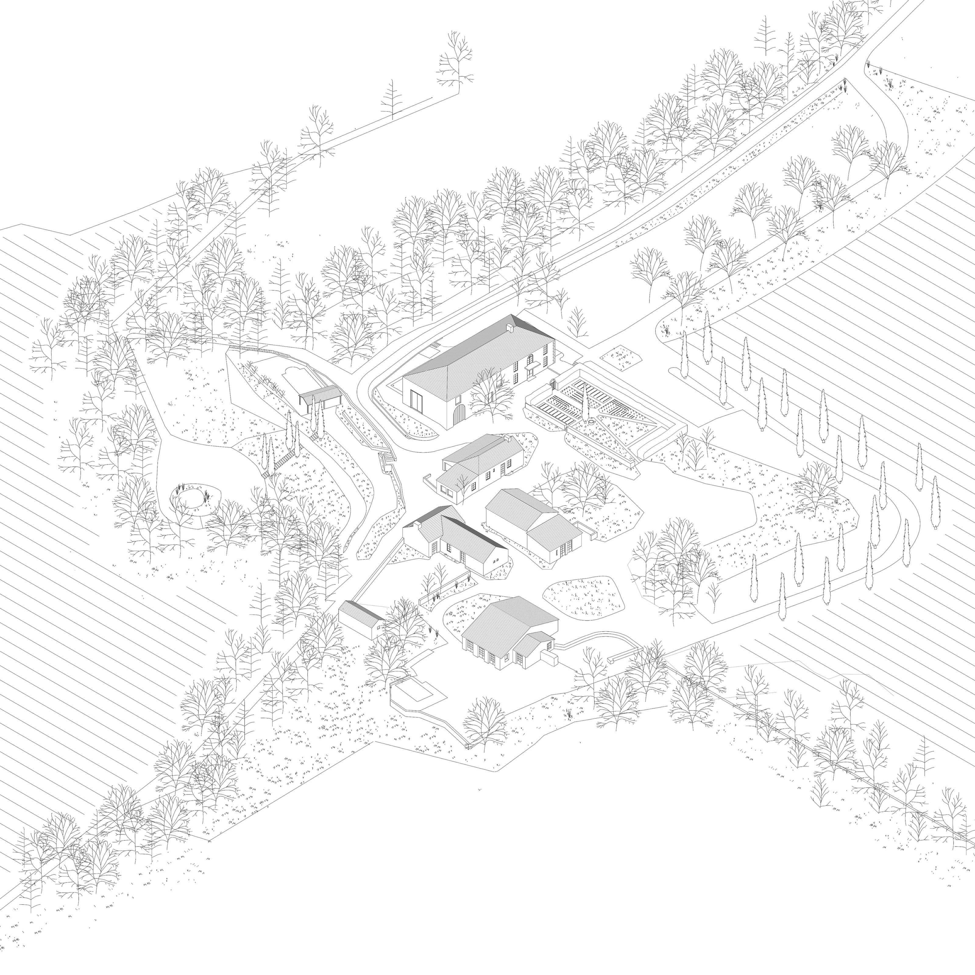 An axonometric view of the Amassa Retreat site, France