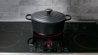 GE Appliance induction cooktop with cast iron pan