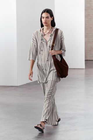 Striped Knit Linen Blend Trousers