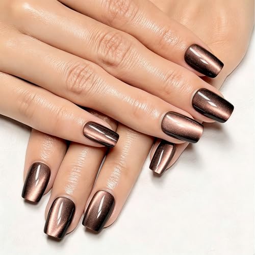 Melines 30pcs Summer Coconut Brown Cat Eye Short Square Press on Nails, Reusable Nail Kit With Nail Adhesive Tabs Mini Nail File, 15 Sizes (light Brown)