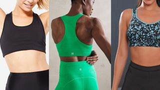 A selection of the best sports bras in the compression design, including picks from Decathlon, Sweaty Betty, and Shock Absorber