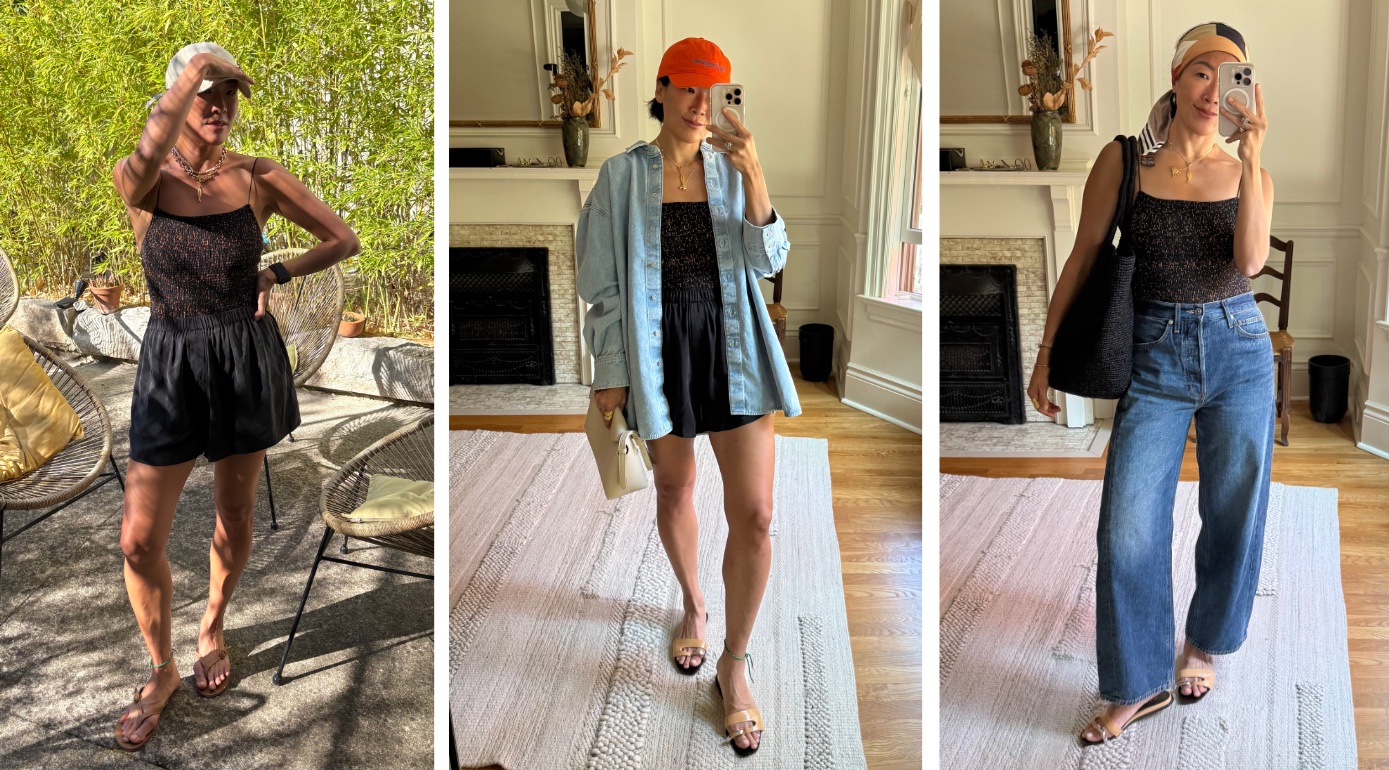 Irene Kim Fritz wearing a one-piece in several ways