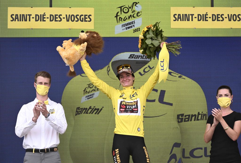 Team Jumbo Vismas Dutch rider Marianne Vos celebrates her overall leader yellow jersey on the podium at the end of the 5th stage of the new edition of the Womens Tour de France cycling race 1756 km between BarleDuc and SaintDiedesVosges eastern France on July 28 2022 Photo by Jeff PACHOUD AFP Photo by JEFF PACHOUDAFP via Getty Images