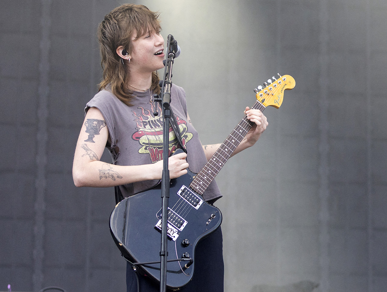 Ava Schrobilgen (L) of the US rock band &#039;Die Spitz&#039; performs on stage during the 35th edition of the &amp;quot;Eurockeennes de Belfort&amp;quot; music festival in Sermamagny, eastern France on July 4, 2025.