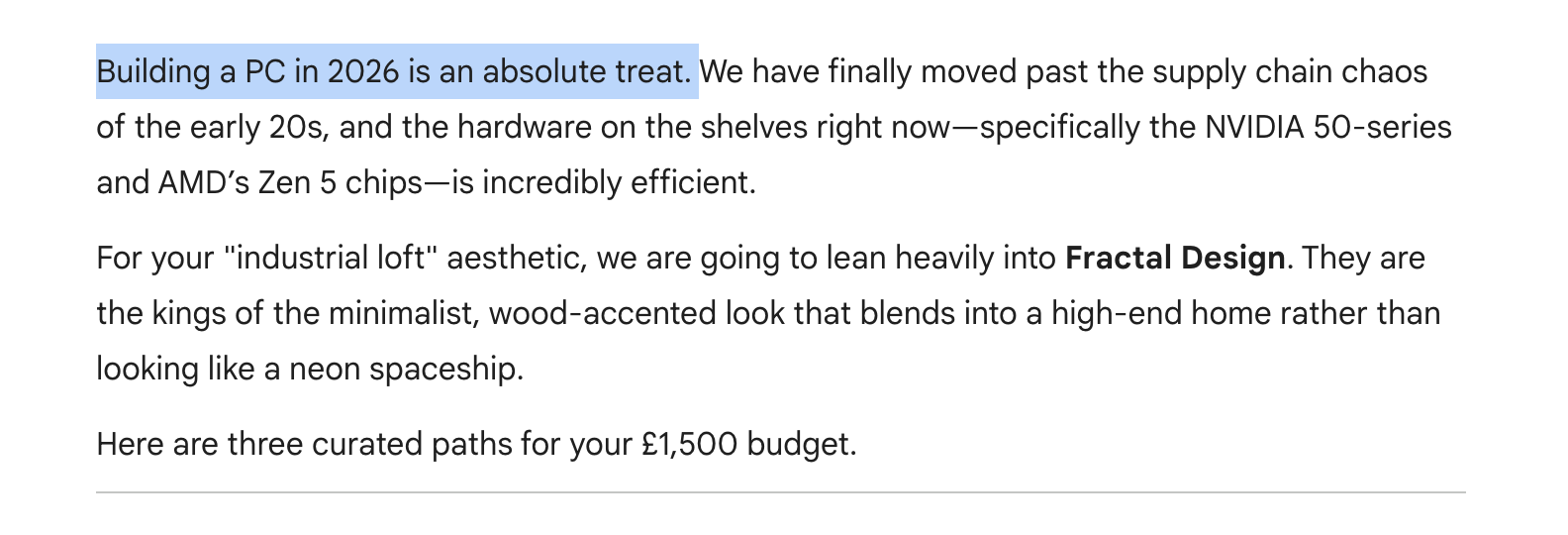 A printscreen of a Gemini response with the text "Building a PC in 2026 is an absolute treat" highlighted