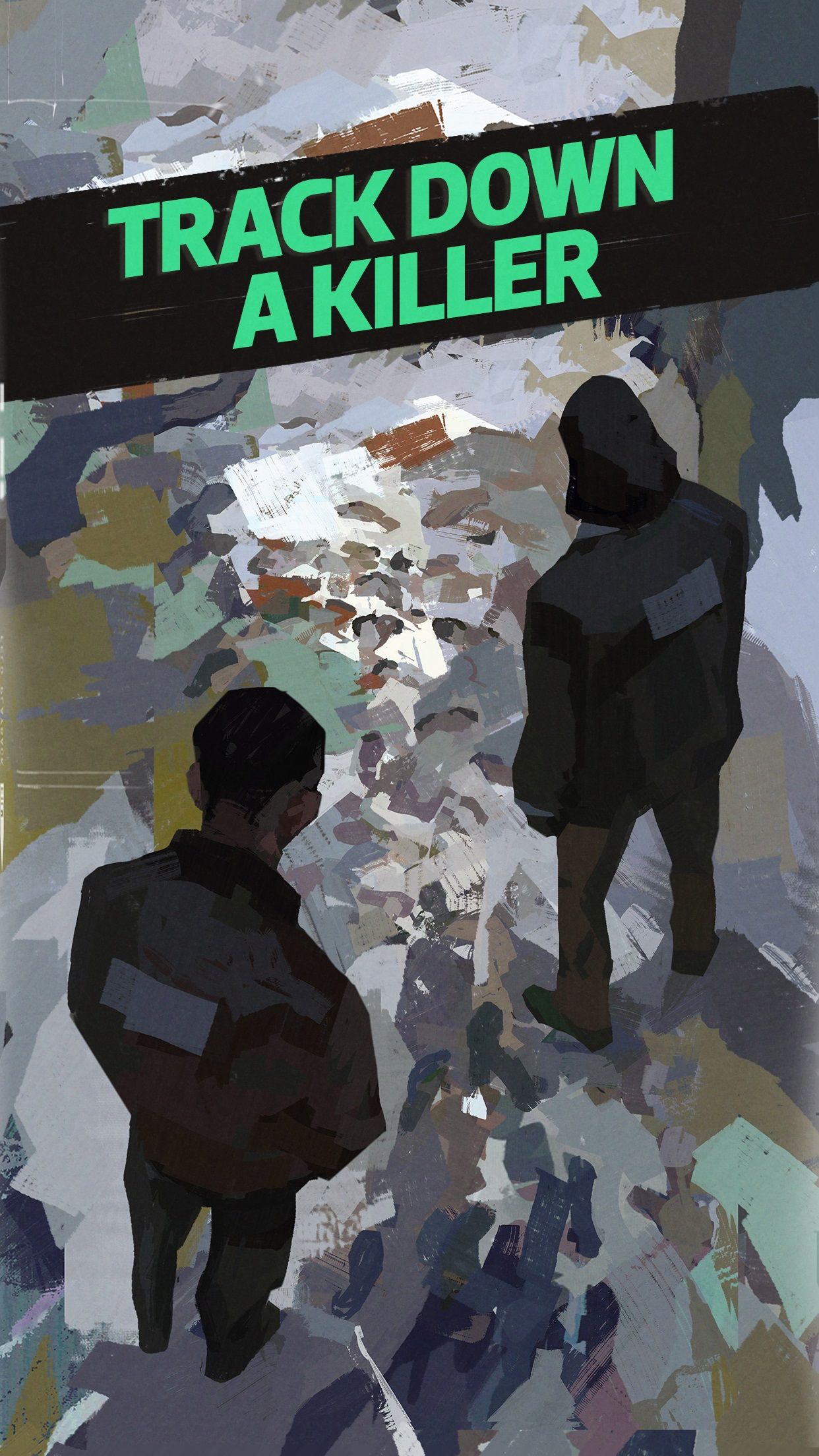 "Track down a killer" over art of Kim Kitsuragi and Harry Dubois looking at footprints in the snow.