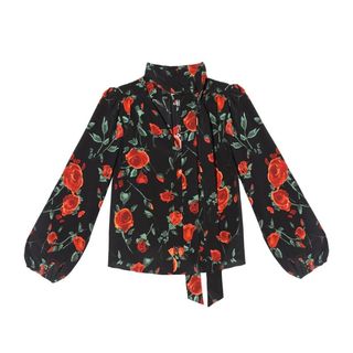 A cutout of a black and red floral Rixo Moss Silk pussybow Blouse shot on a white background