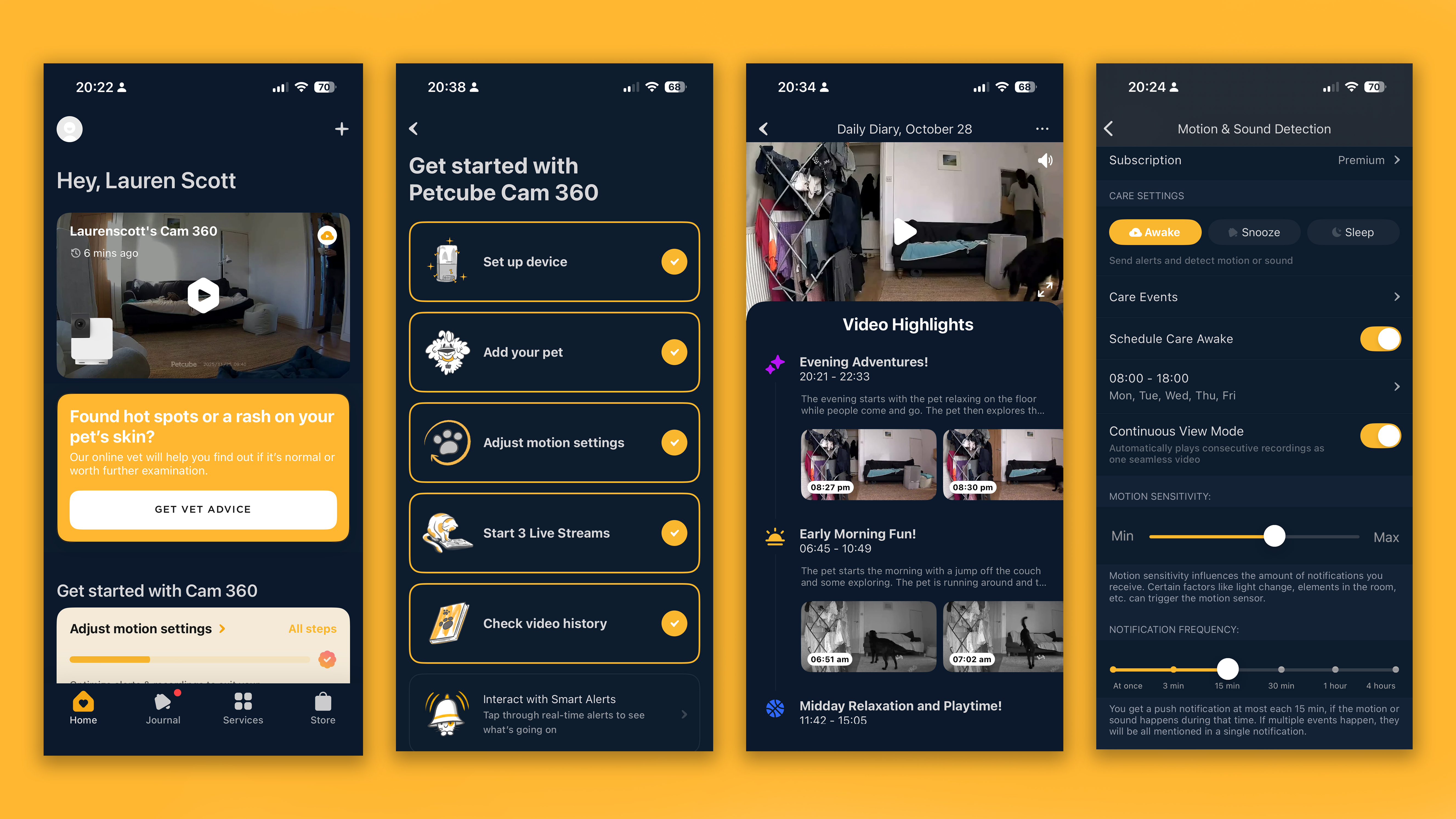 Four screenshots from the Petcube app