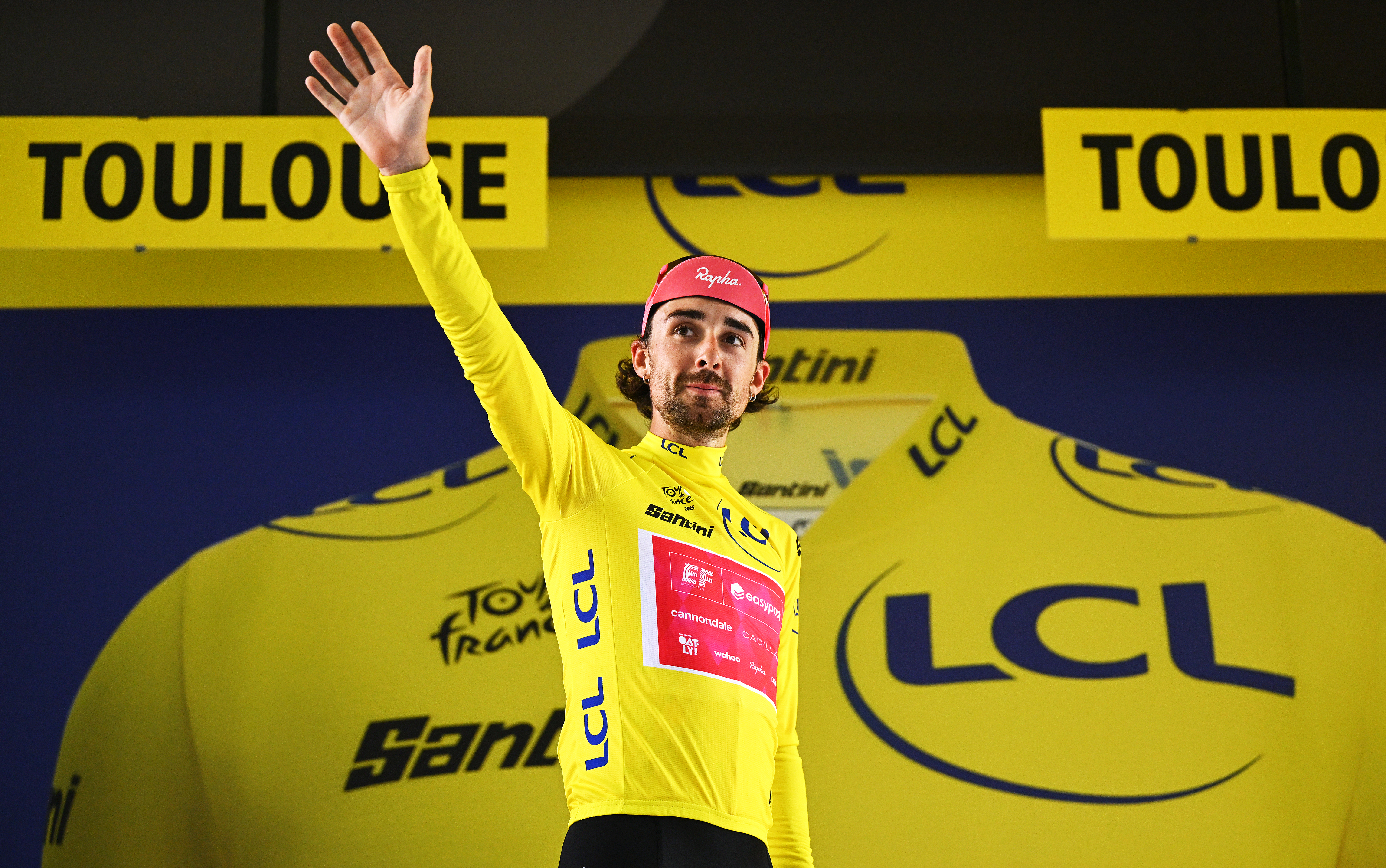 TOULOUSE, FRANCE - JULY 16: Ben Healy of Ireland and Team EF Education - EasyPost celebrates at podium as Yellow Leader Jersey winner during the 112th Tour de France 2025, Stage 11 a 156.8km stage from Toulouse to Toulouse / #UCIWT / on July 16, 2025 in Toulouse, France. (Photo by Dario Belingheri/Getty Images)