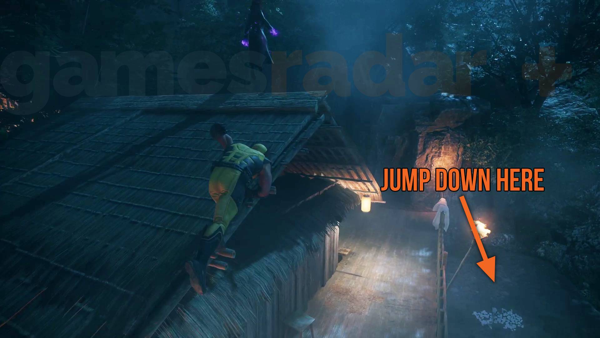 Marvel's Wolverine white cloth hanging over railing indicating where to jump down to reach whiskey bottle in Hell Followed With Him