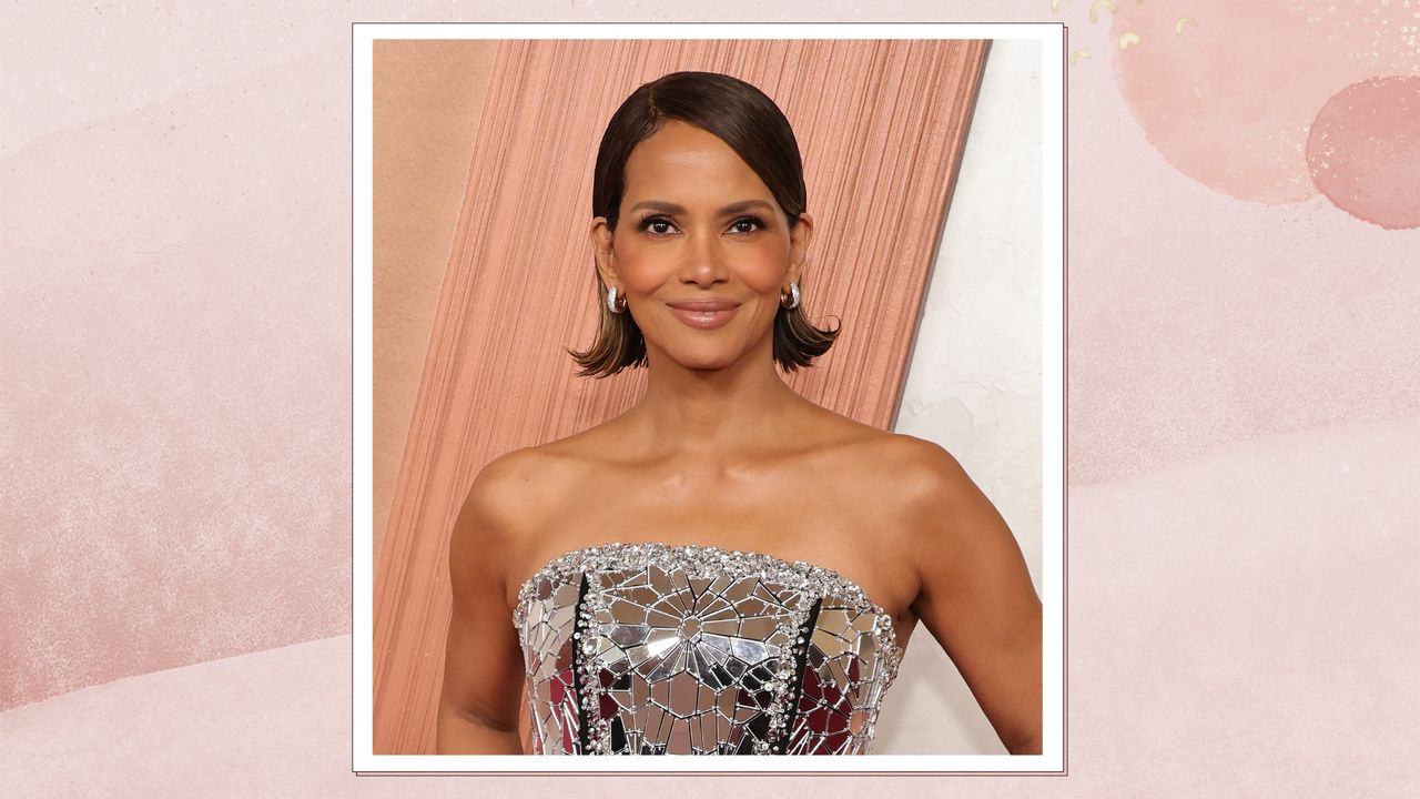 Halle Berry is pictured wearing a silver, mirrored down and with a bob hairstyle at the 97th Annual Oscars at Dolby Theatre on March 02, 2025 in Hollywood, California/ in a pink watercolour paint-style template