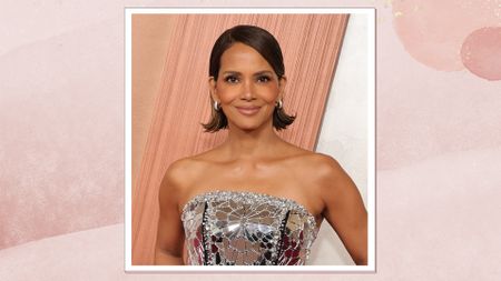 Halle Berry is pictured wearing a silver, mirrored down and with a bob hairstyle at the 97th Annual Oscars at Dolby Theatre on March 02, 2025 in Hollywood, California/ in a pink watercolour paint-style template