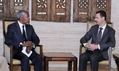 UN-Arab League special envoy for Syria Kofi Annan, left, meets with Syrian President Bashar Assad in Damascus on Tuesday.