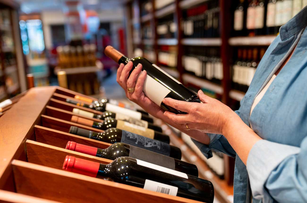 Person looking at label on a bottle of wine in a shop