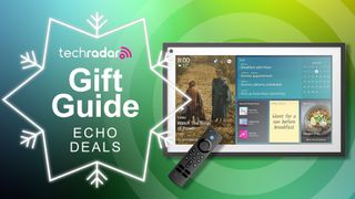 Echo Show 15 with remote on green gift guide background