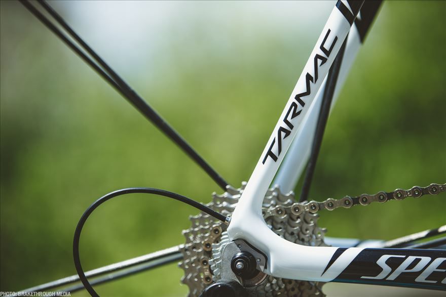 The chain stays and seatstays turn to white as they meet the cassette