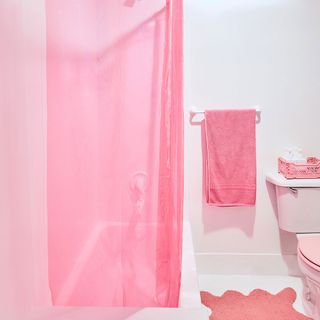 Bathroom with pink towel, shower curtain, and bath mat
