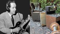 LEFT: Les Paul circa 1955. RIGHT: Tape decks sit on the property of Paul's Mahwah, New Kersey home/lab while it is demolished, August 2026