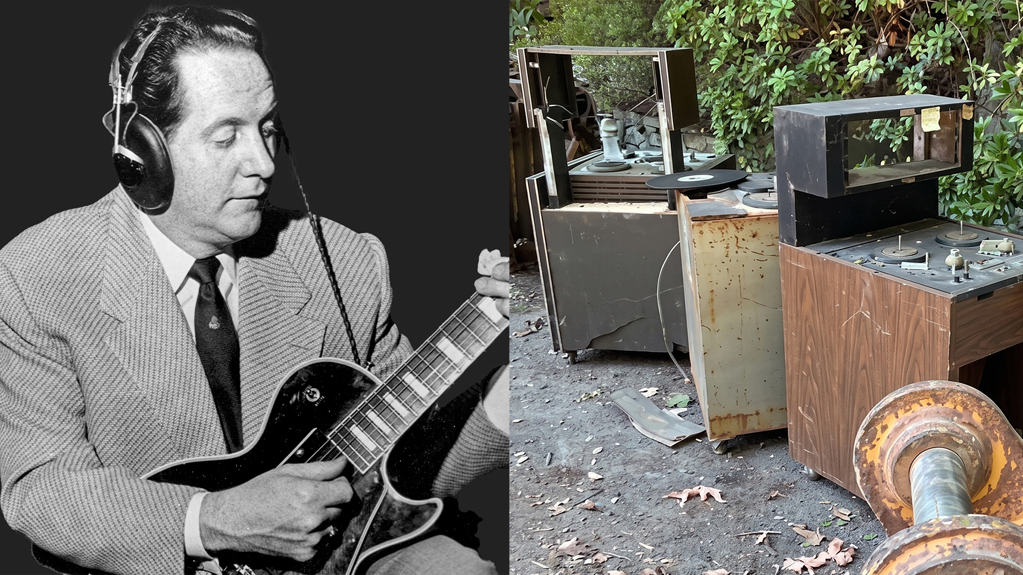 LEFT: Les Paul circa 1955. RIGHT: Tape decks sit on the property of Paul's Mahwah, New Kersey home/lab while it is demolished, August 2026