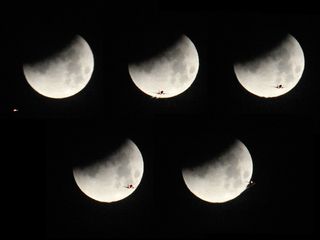 This series of images shows a plane crossing in front of the moon during a lunar eclipse.