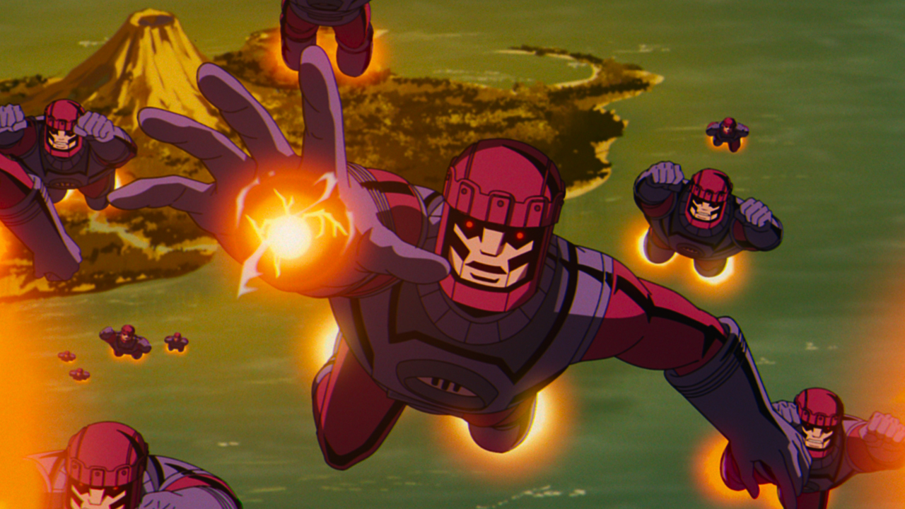 Sentinels fly towards the screen firing their weapons in X-Men 97